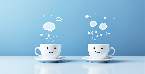 Two smiling coffee cups with cloud and communication icons above, minimalist cartoon style, on a blue background. Concept of social drinks and ideas. Ai generative