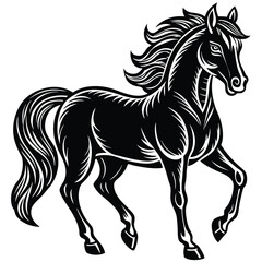 The black horse stallion silhouette vector illustration shows a running equine animal