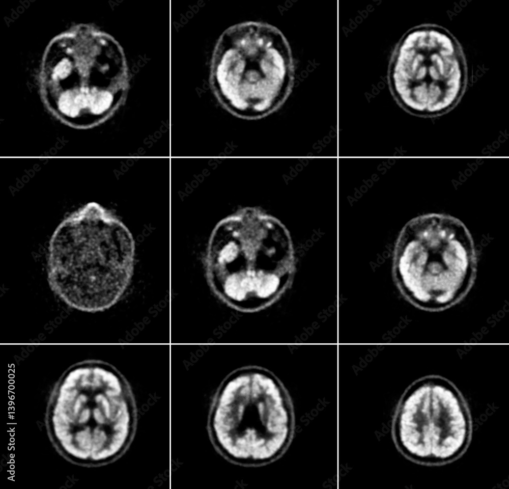 Poster a collection of brain scans showing various cross-sectional views of the brain, useful for identifyi