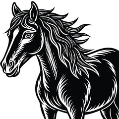The black horse stallion silhouette vector illustration shows a running equine animal