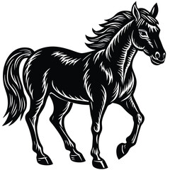 The black horse stallion silhouette vector illustration shows a running equine animal