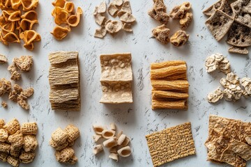 Fototapeta premium Several assorted crackers and snacks arranged on a white surface