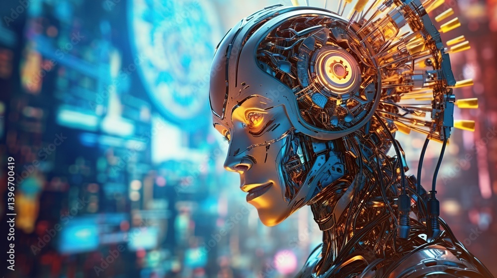 Aufkleber futuristic robot portrait with glowing elements and high-tech background