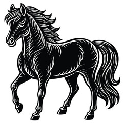 The black horse stallion silhouette vector illustration shows a running equine animal