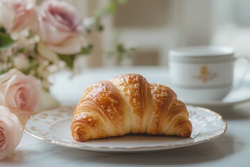 A delicious croissant sits next to a cup of tea and flowers