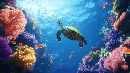 Fototapeta premium A sea turtle gracefully swims amidst vibrant coral reefs and schools of small fish in clear blue water. A stunning underwater scene