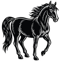 The black horse stallion silhouette vector illustration shows a running equine animal