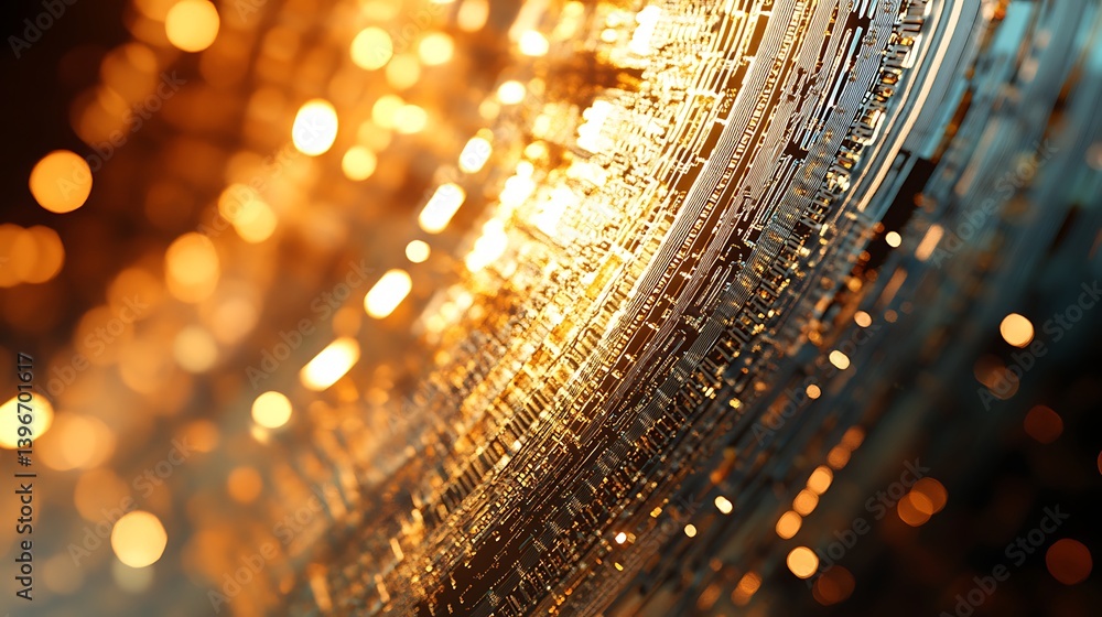 Poster abstract representation of shimmering golden waves with blurred lights in a dynamic background