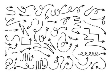 Thin Hand Drawn Geometrical Arrows with Squiggle Curvy Lines and Loops. Set of doodle arrow icons. Collection of sketchy hand free curved lines and pointers