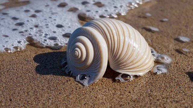 Sea shell on sandy beach with incoming waves