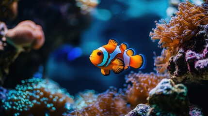 Fototapeta premium A vibrant orange and white clownfish swims near colorful coral in a deep blue ocean environment