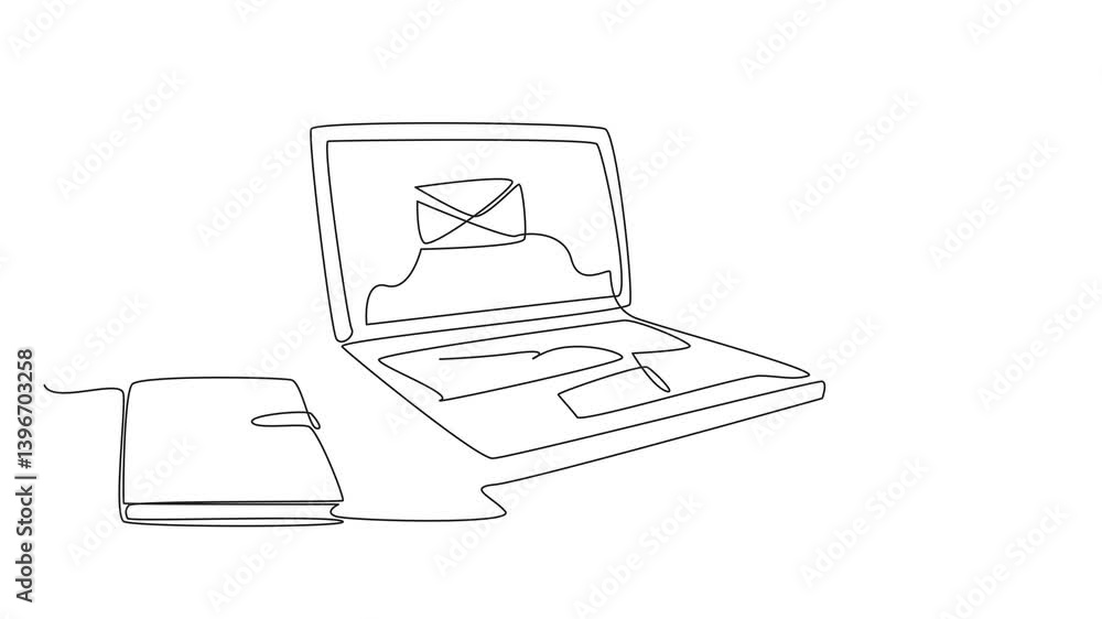 Poster self drawing animation of single continuous line drawing laptop on the desk showing a picture of a l