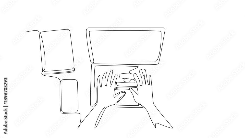 Poster animated self drawing of continuous one line drawing hands typing on laptop. email notification rece