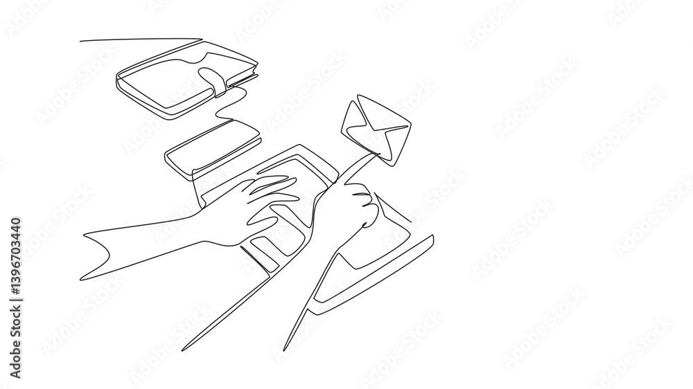 Poster animated self drawing of single continuous line drawing hands typing on laptop. laptop with touch sc