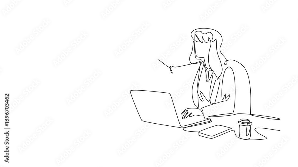 Poster self drawing animation of continuous line drawing businesswoman sitting at desk typing on laptop. re