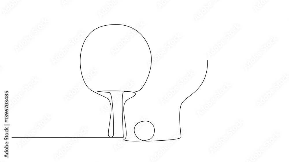 Poster animated self drawing of continuous one line drawing paddle ping pong racket with ball. set of indoo