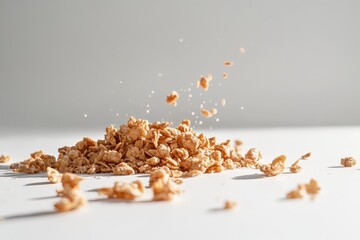 A pile of cereal being sprinkled onto a white surface