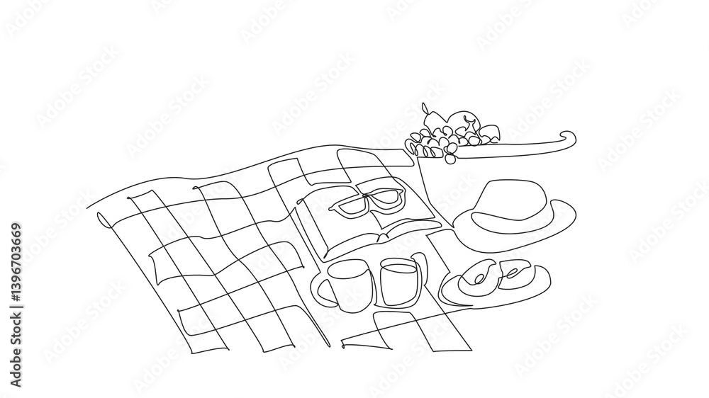 Poster Animation of continuous one line drawing picnic basket made of woven rattan filled with various fruits. Beautiful summer. National Picnic Day. Single line self drawing animated. Full length motion