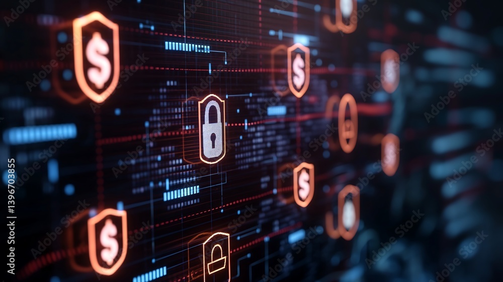 Poster secure finance system with lock icons and glowing currency flows representing safe online money tran