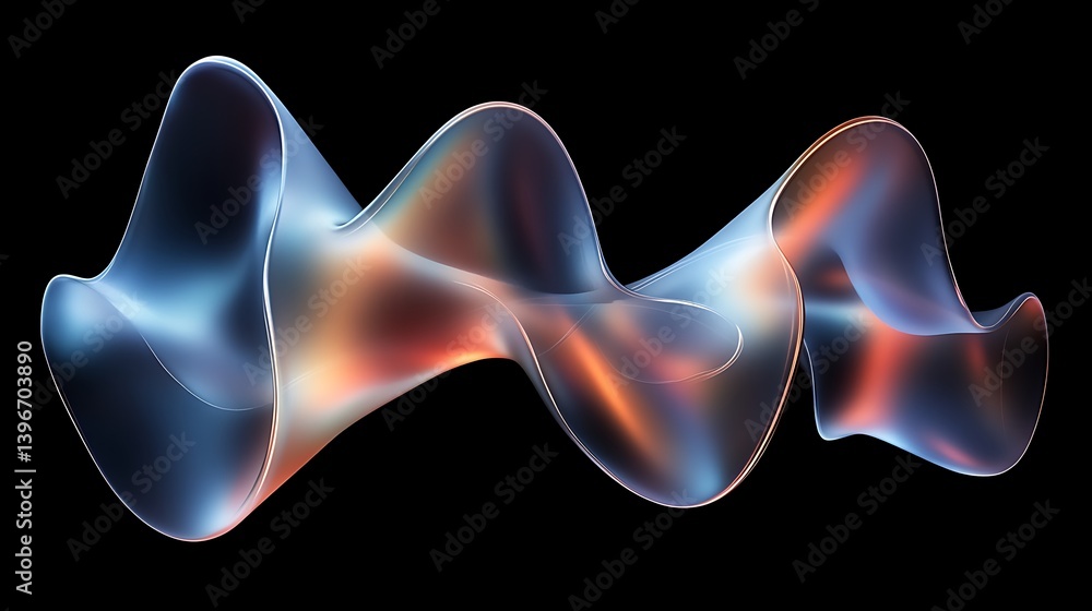 Poster abstract wave-like structure with flowing curves and vibrant colors against a dark background
