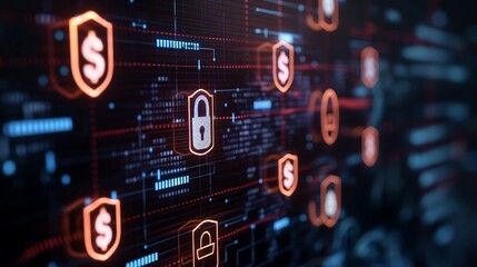 Secure finance system with lock icons and glowing currency flows representing safe online money transfers, business cash flow, and digital financial data exchange.