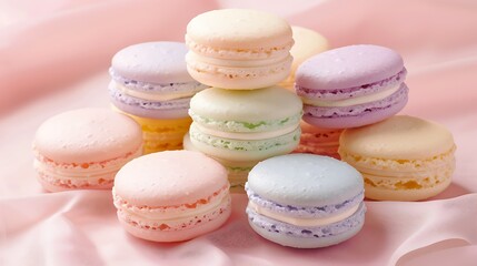 Aesthetic stack of colorful French macarons in pastel tones, arranged in a pyramid shape on a soft pink background. The image highlights a minimalistic and sweet dessert theme with smooth textures 