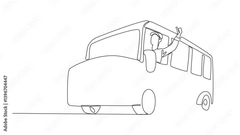 Poster animation of continuous one line drawing the bus driver sticks out part of his body while making a t