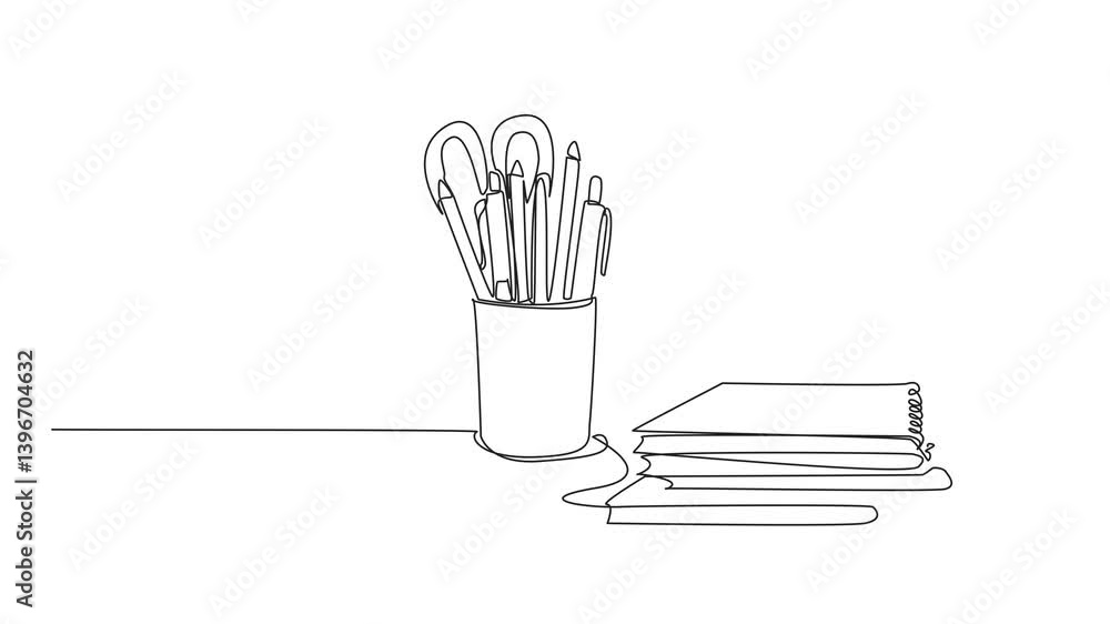 Poster self drawing animation of single one line drawing pencils and stationery neatly arranged in a pencil