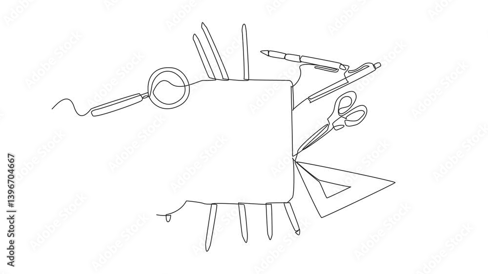 Poster animation of continuous one line drawing notebook around stationery. note down some important things