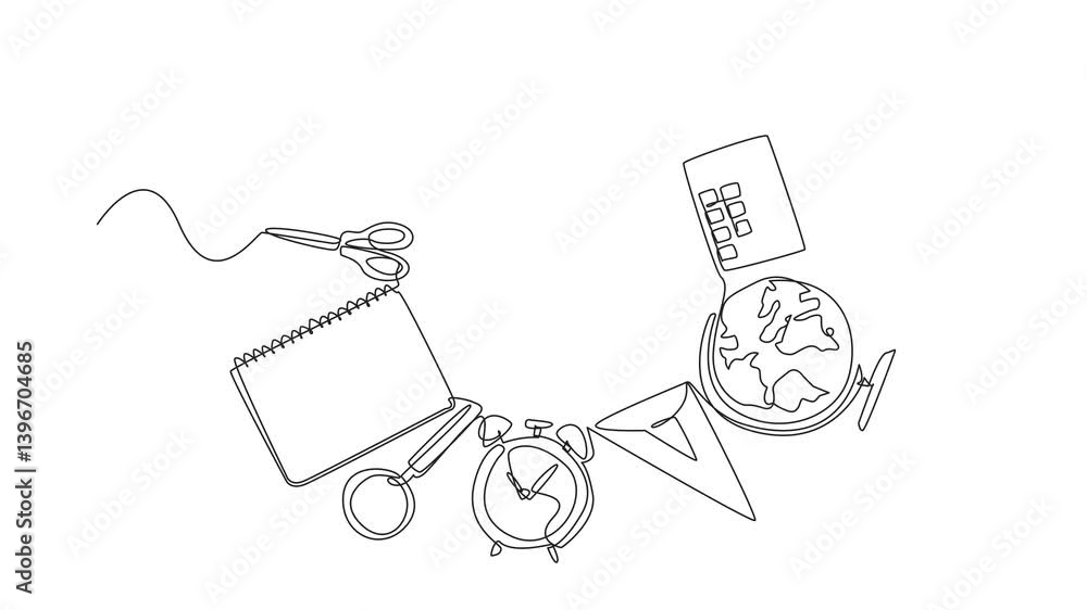 Poster animated self drawing of continuous line drawing various work or study equipment is made into circle