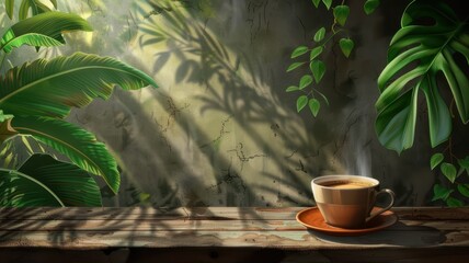 Illustration of Coffee Cup Surrounded by Lush Greenery