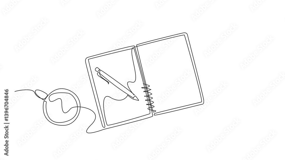 Poster animated self drawing of single one line drawing organizer book with bucket list writing. write down