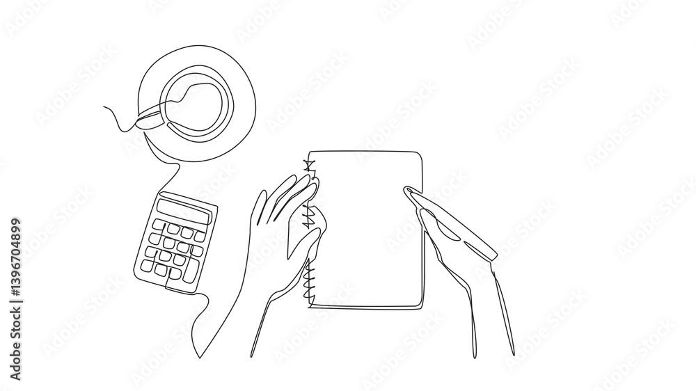 Poster Self drawing animation of single one line drawing hand holding pen and notebook. Designing a hopeful future. List of holiday lists. Determine the budget. National Bucket List Day. Full length animated