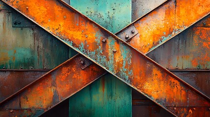 Abstract close-up view of weathered metal surface with vibrant orange and turquoise patina patterns
