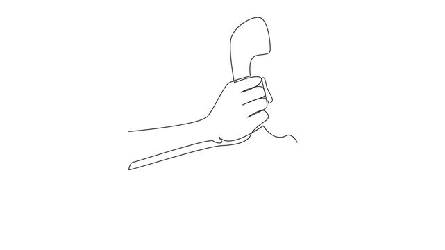 Animated self drawing of one line drawing hand holding a retro telephone receiver with its coiled cord. Pick up a phone call. Technology. National Telephone Day. Full length single line animation