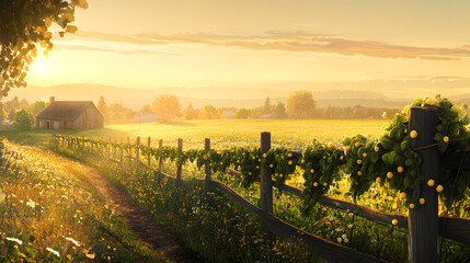 Naklejka premium landscape, sky, nature, grass, field, countryside, summer, green, sunset, meadow, mountain, rural, tree, view, country, hill, valley, autumn, forest, road, agriculture, panorama, clouds, farm, cloud
