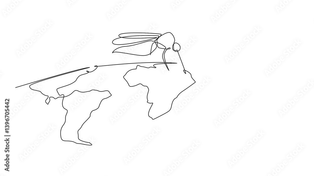 Poster animated self drawing of single one line drawing semicircular world map with big mosquito on it. mal