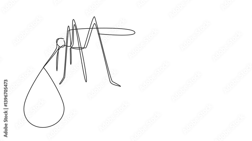 Poster animation of single continuous line drawing mosquitoes that have drops of blood at the tip of their 