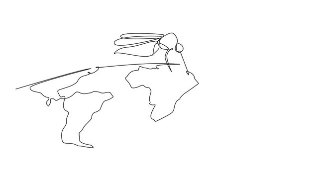 Animated self drawing of single one line drawing semicircular world map with big mosquito on it. Malaria-spreading mosquitoes all around. Be alert. World Malaria Day. Full length single line animation
