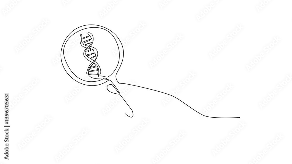 Poster self drawing animation of continuous one line drawing hand holding a magnifier and pointing it at th