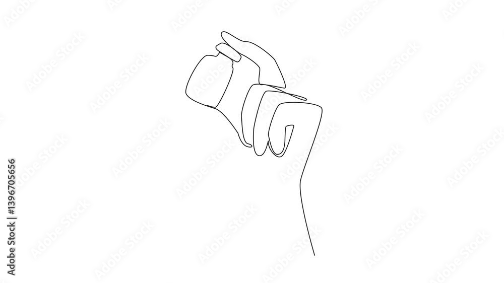 Poster animated self drawing of single continuous line drawing hand holding a vaccine bottle and inside the