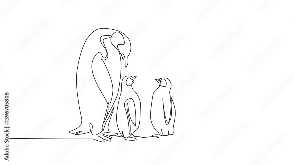 Poster animated self drawing of continuous line drawing two adult penguins standing facing each other and t