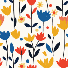 Mid-century floral pattern with flat illustrations of stylized daisies, tulips, and stems in primary colors , seamless pattern