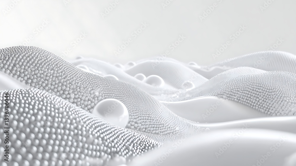Poster abstract representation of soft, flowing white waves with bubbles against a light background