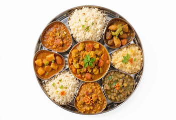 Assorted Indian vegetarian dishes placed in a round thali plate 