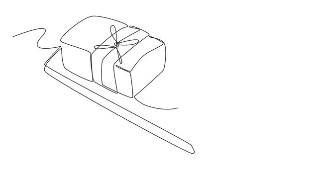 Self drawing animation of single one line drawing zucchini bread sliced on a wooden cutting board. Snacks ready to be served to consumers. Healthy. National Zucchini Bread Day. Full length animated