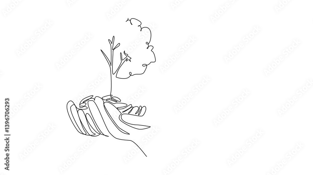 Aufkleber animation of single continuous line drawing 2 hands holding a stack of coins with a tree. investing 