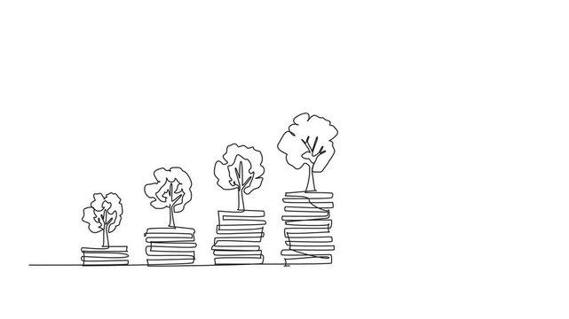 Animated self drawing of continuous one line drawing 5 stacks of coins with a tree on top. The more investment, the more profit. National Financial Awareness Day. Full length single line animation