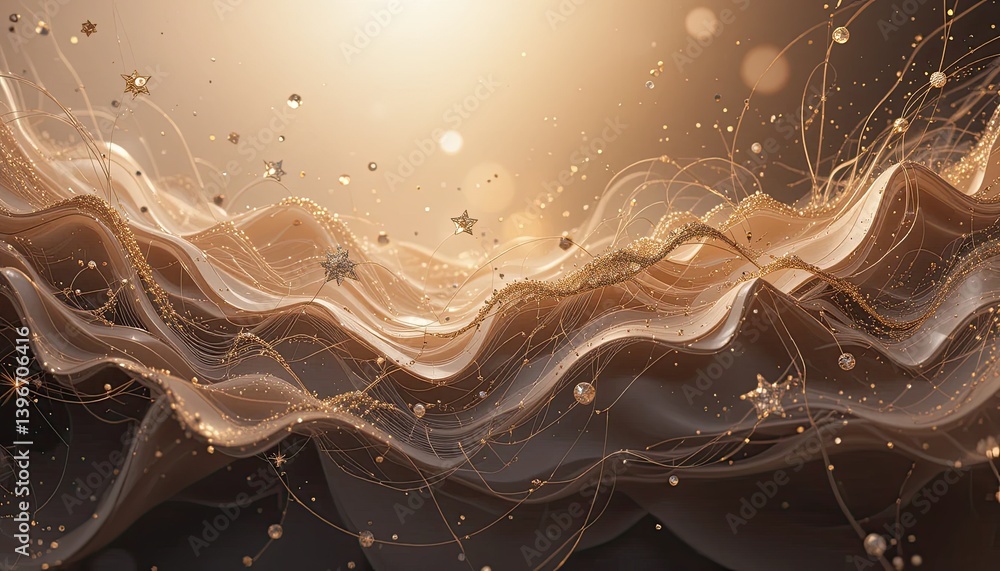 Poster abstract flowing waves with golden shimmer and sparkling particles, creating a mystical and luxuriou