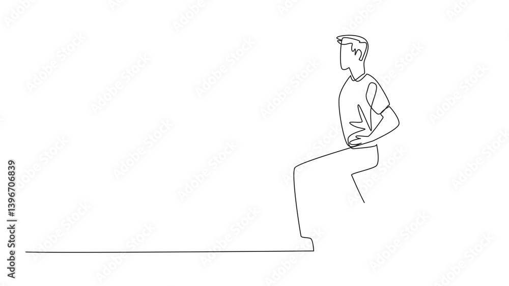 Poster self drawing animation of continuous one line drawing man doing exercise by holding waist. stretchin